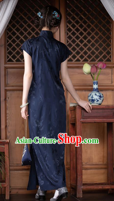 Chinese Traditional Women Navy Satin Cheongsam National Costume Classical Silk Qipao Dress
