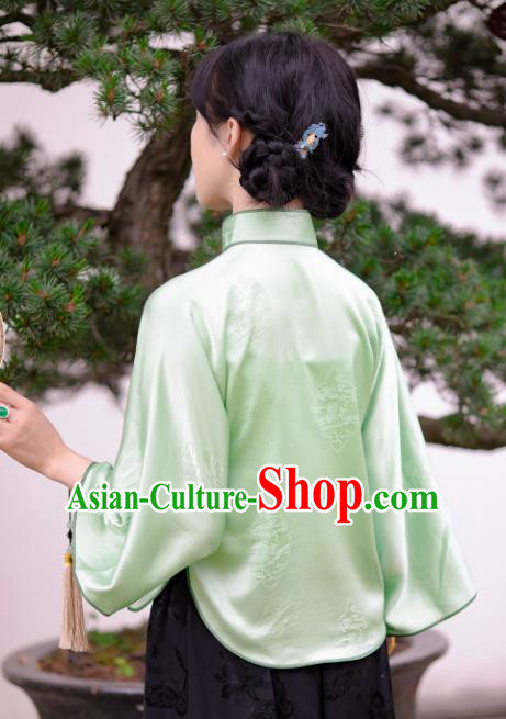 Chinese Tang Suit Upper Outer Garment Traditional Classical Light Green Silk Blouse National Clothing for Women