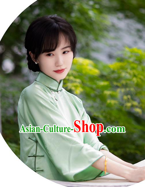 Chinese Tang Suit Upper Outer Garment Traditional Classical Light Green Silk Blouse National Clothing for Women