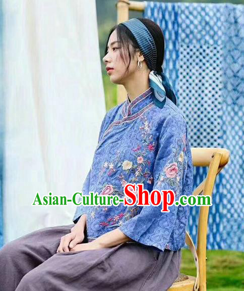 China National Women Traditional Costume Tang Suit Embroidered Blue Shirt Classical Cheongsam Upper Outer Garment