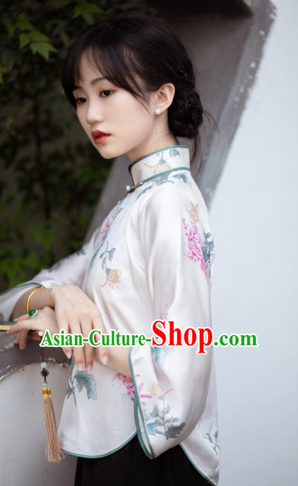 Chinese Traditional Printing Chrysanthemum White Silk Blouse Tang Suit Upper Outer Garment National Shirt for Women