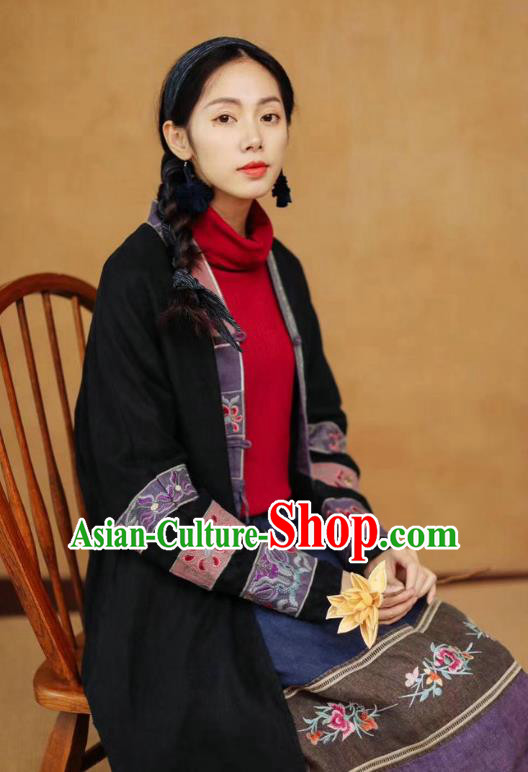 China Tang Suit Women Black Overcoat Traditional Winter Costume National Embroidered Cotton Padded Coat