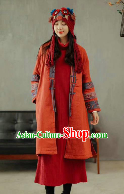 China National Embroidered Cotton Padded Coat Traditional Winter Costume Tang Suit Women Red Overcoat