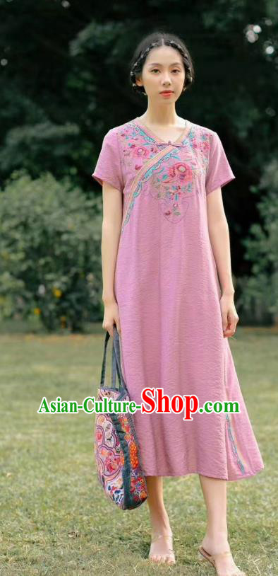 Chinese Traditional Embroidered Clothing National Pink Flax Qipao Dress Women Slant Opening Cheongsam