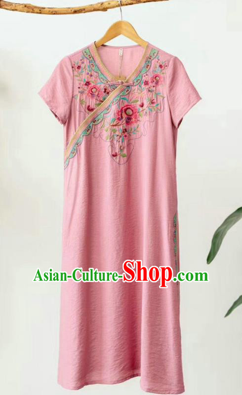 Chinese Traditional Embroidered Clothing National Pink Flax Qipao Dress Women Slant Opening Cheongsam