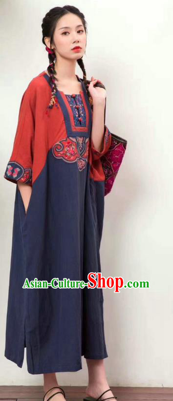Chinese National Navy Flax Dress Women Traditional Embroidered Robe Clothing