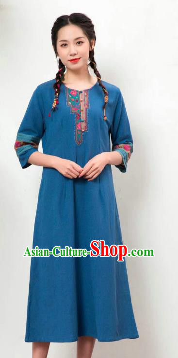 Chinese National Embroidered Costume Women Traditional Clothing Blue Flax Dress