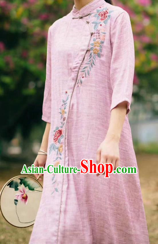 Chinese Embroidered Peony Costume National Pink Flax Qipao Dress Women Traditional Cheongsam Clothing