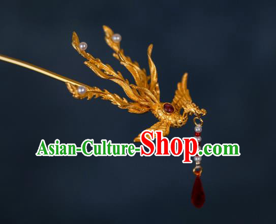 China Ming Dynasty Hair Accessories Handmade Ancient Golden Phoenix Tassel Hairpin