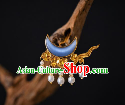 China Ancient Hair Claws Ming Dynasty Blue Opal Moon Hair Accessories Palace Empress Gilding Hairpins