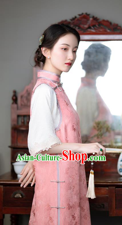 Republic of China Pink Silk Cheongsam Classical Pattern Qipao Dress Traditional National Costume