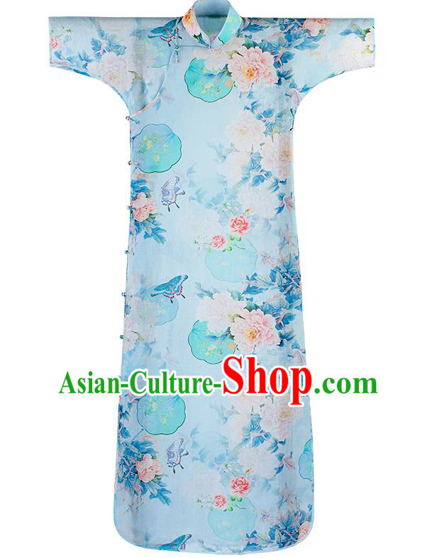 Republic of China Classical Peony Butterfly Pattern Light Blue Qipao Dress Traditional National Costume Cheongsam