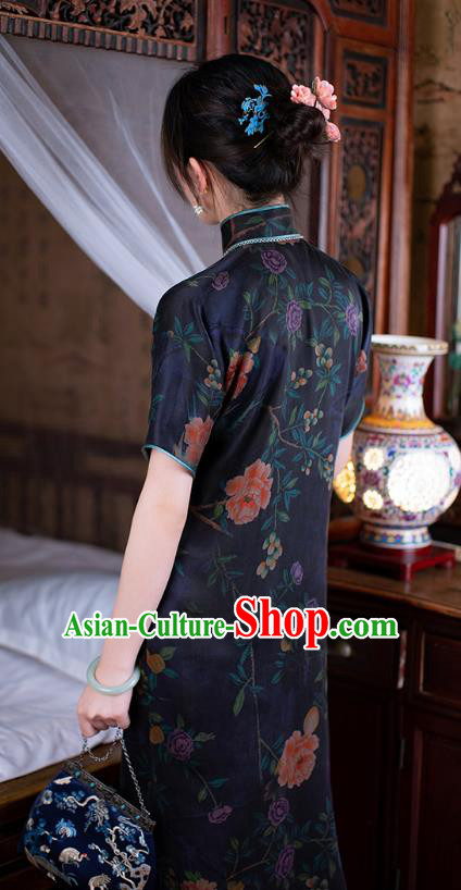 Republic of China Black Silk Qipao Dress Traditional National Costume Classical Peony Pattern Cheongsam
