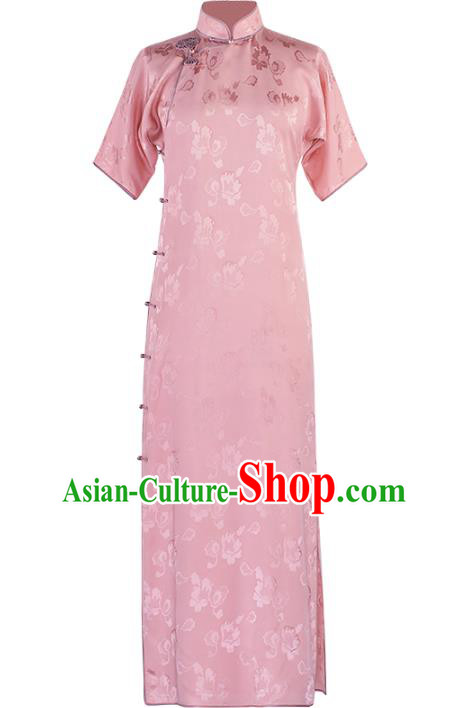 Republic of China Pink Silk Qipao Dress Traditional Classical Costume National Cheongsam