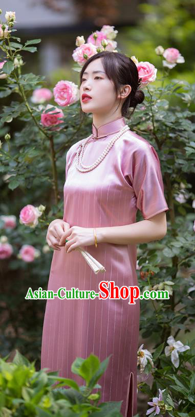 Republic of China National Cheongsam Pink Silk Qipao Dress Traditional Classical Costume