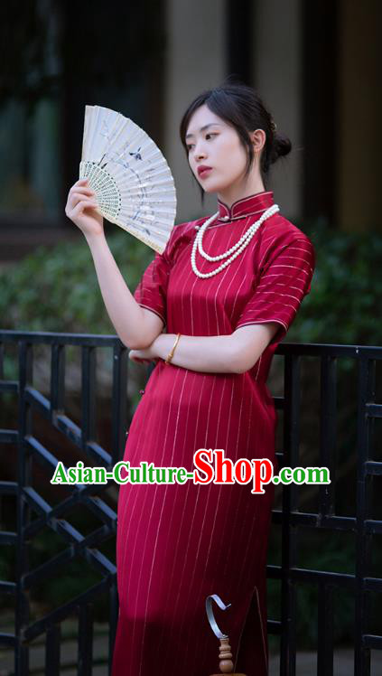 Republic of China Traditional Classical Costume National Cheongsam Red Silk Qipao Dress