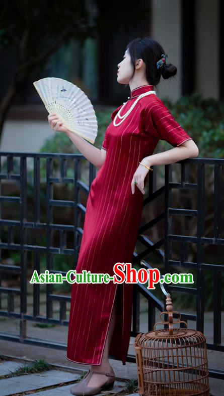 Republic of China Traditional Classical Costume National Cheongsam Red Silk Qipao Dress