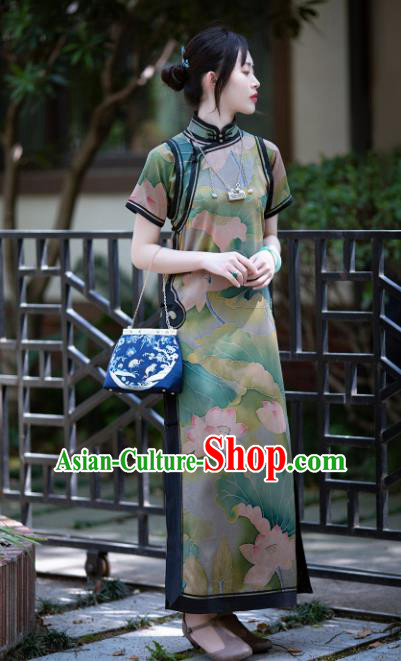 Republic of China Traditional Lotus Pattern Green Silk Qipao Dress Classical Costume National Cheongsam