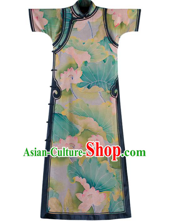 Republic of China Traditional Lotus Pattern Green Silk Qipao Dress Classical Costume National Cheongsam