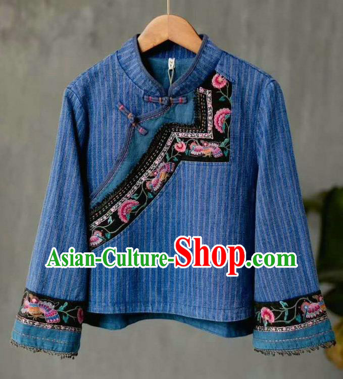 China National Women Blue Flax Shirt Traditional Classical Costume Tang Suit Embroidered Cheongsam Upper Outer Garment