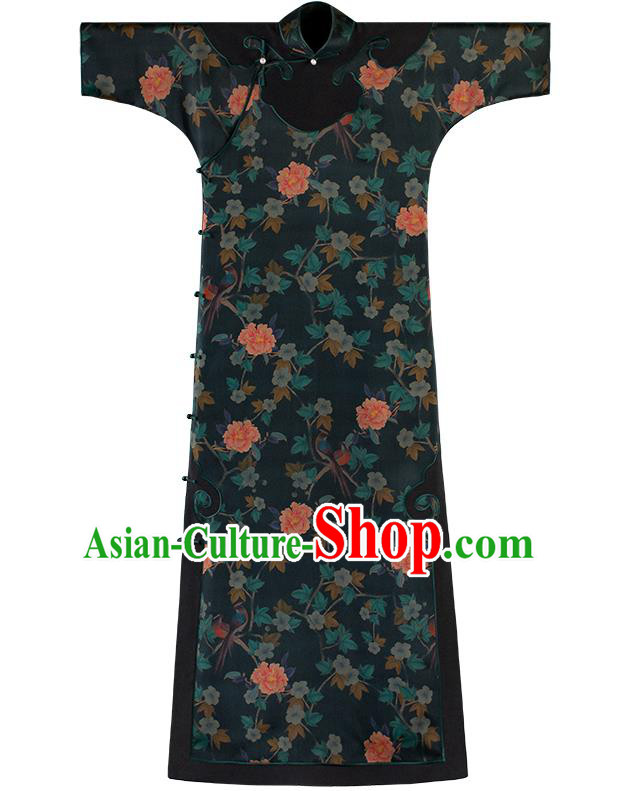 Republic of China Traditional Printing Peony Dark Green Silk Qipao Dress National Cheongsam Classical Costume