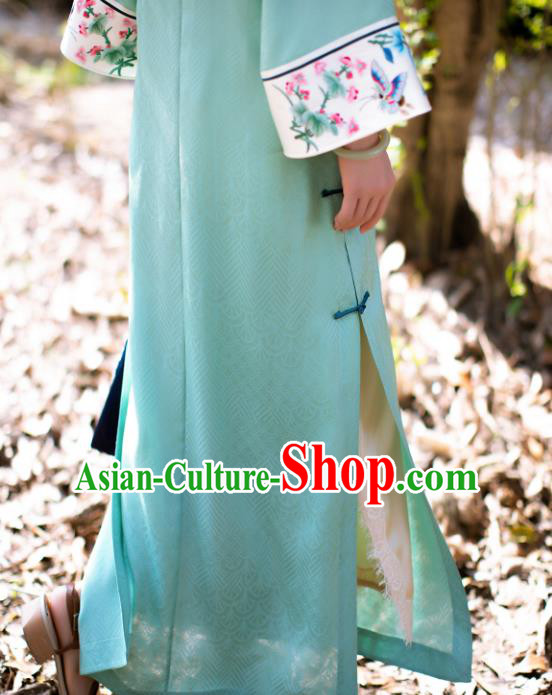China Qing Dynasty Women Dress National Cheongsam Classical Costume Traditional Embroidered Pattern Light Green Silk Qipao