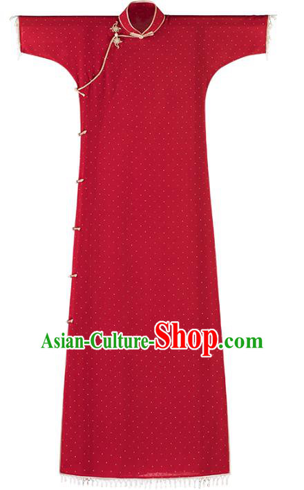 China National Women Dress Classical Costume Traditional Silk Qipao Red Cheongsam