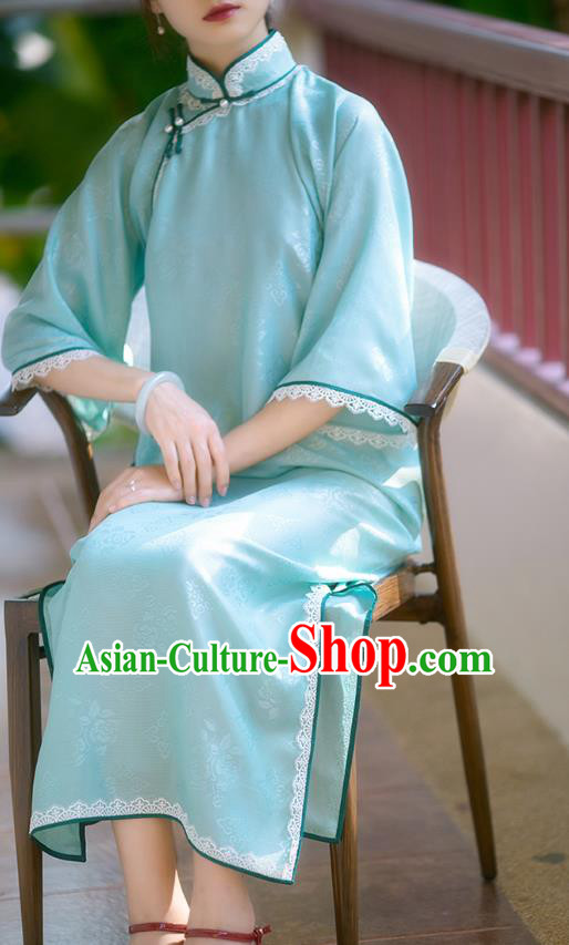 China Classical Cheongsam Costume National Women Dress Traditional Light Blue Silk Qipao
