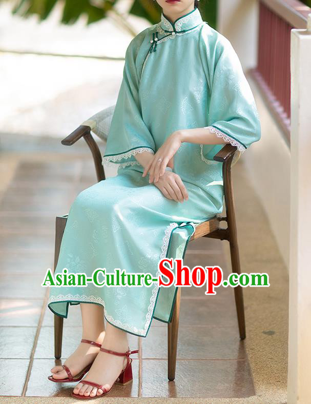 China Classical Cheongsam Costume National Women Dress Traditional Light Blue Silk Qipao