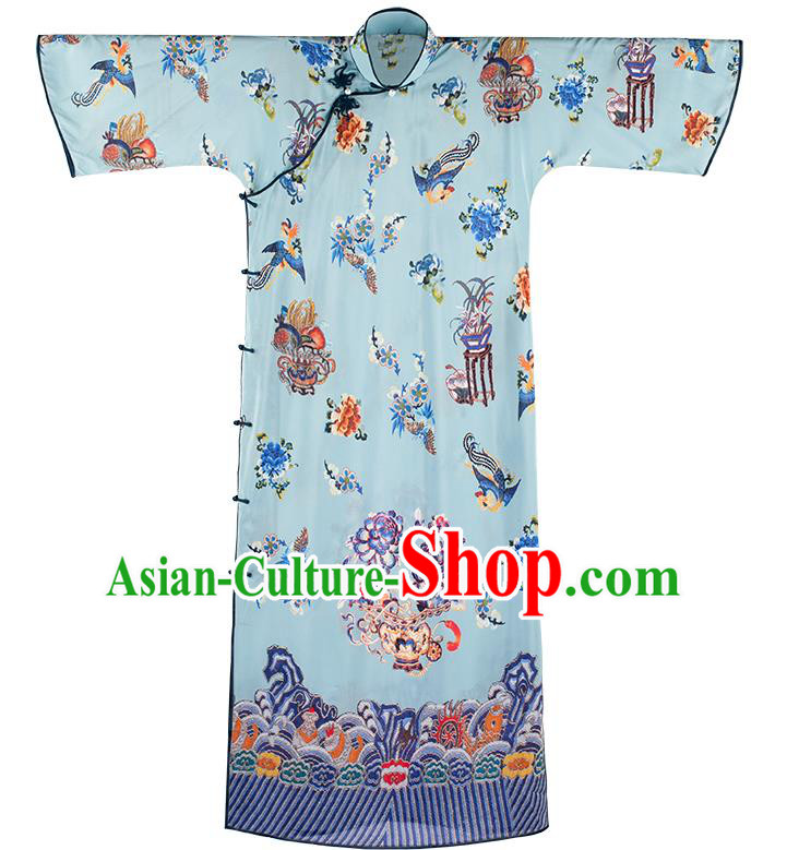China Classical Printing Phoenix Blue Cheongsam National Women Dress Traditional Silk Qipao Costume