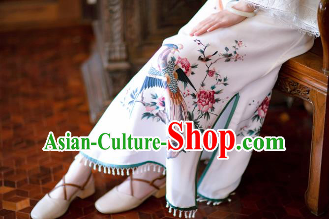 China Classical Printing Phoenix Peony White Silk Cheongsam Traditional Qipao Costume National Women Dress