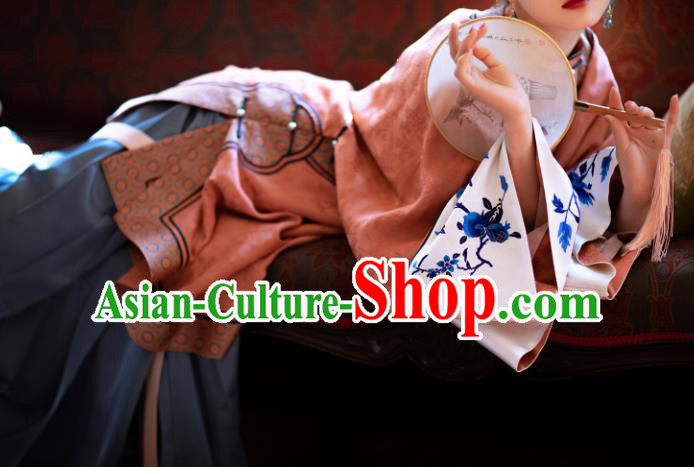 Chinese Ming Dynasty Noble Women Orange Silk Long Gown Ancient Mistress Clothing