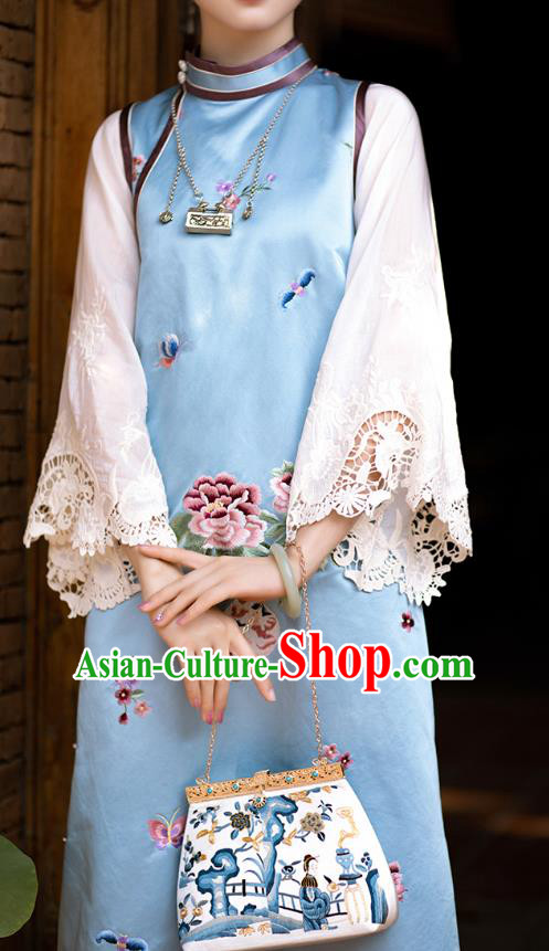 China Classical Lace Sleeve Cheongsam Traditional Qipao Costume National Women Embroidered Blue Dress