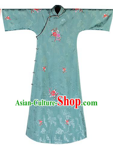 China National Women Embroidered Peony Dress Classical Green Silk Cheongsam Traditional Qipao Costume