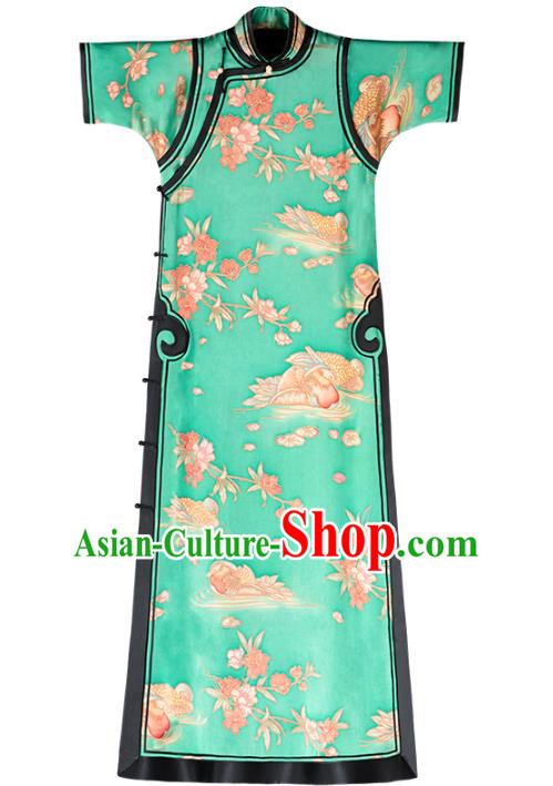 China Green Silk Cheongsam Traditional Costume Classical Mandarin Duck Pattern Qipao Dress