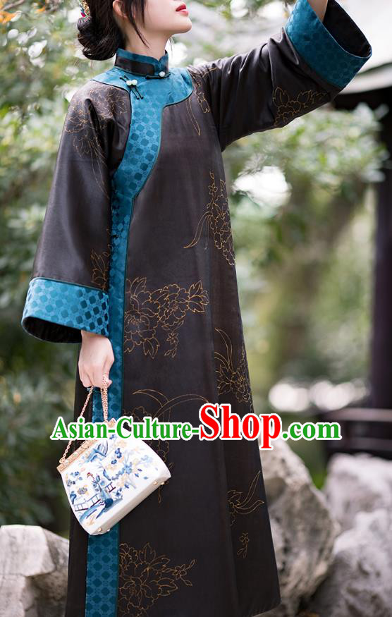 China Traditional Black Silk Qipao Costume Classical Cheongsam National Women Dress