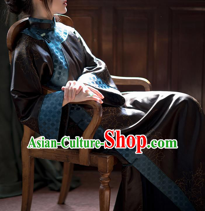 China Traditional Black Silk Qipao Costume Classical Cheongsam National Women Dress