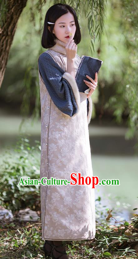 China Traditional Beige Qipao Costume National Women Dress Classical Cheongsam