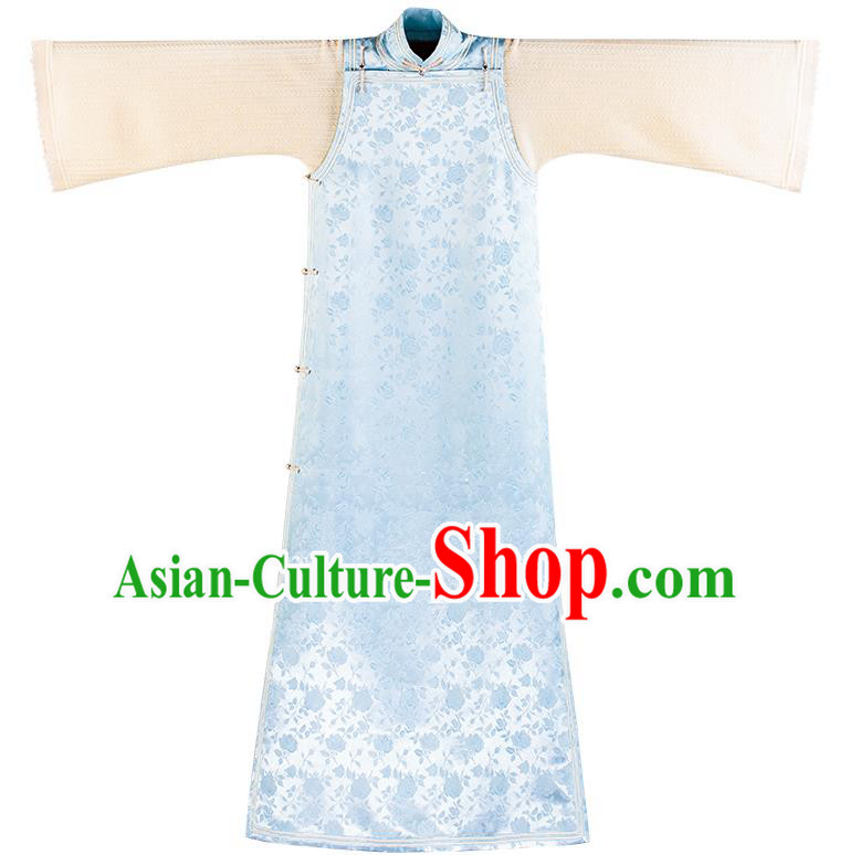 China National Women Dress Classical Light Blue Silk Cheongsam Traditional Qipao Costume