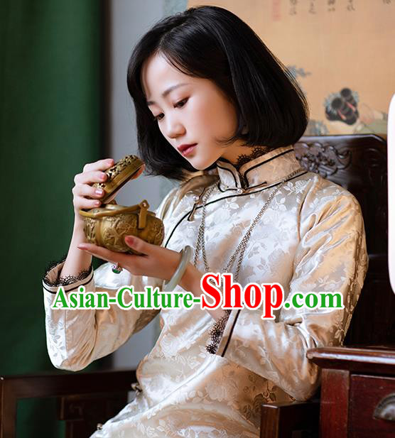China Traditional Beige Silk Qipao Costume National Women Dress Classical Cheongsam