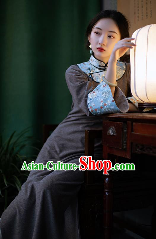 China Traditional Winter Costume National Women Dress Classical Cheongsam Brown Woolen Qipao
