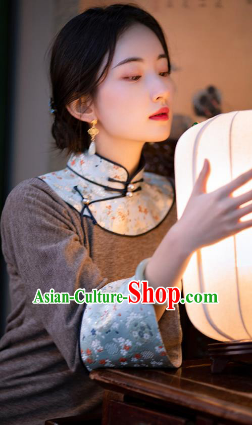 China Traditional Winter Costume National Women Dress Classical Cheongsam Brown Woolen Qipao