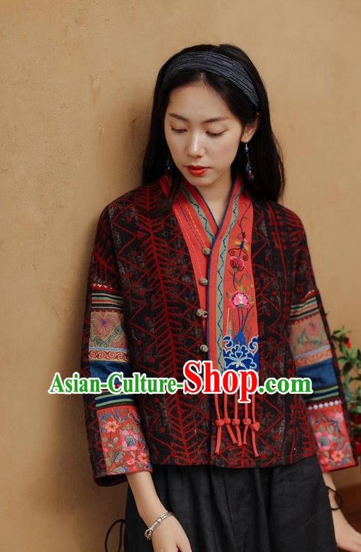 China Traditional Tang Suit Costume Embroidered Cheongsam Upper Outer Garment National Women Brown Flax Jacket