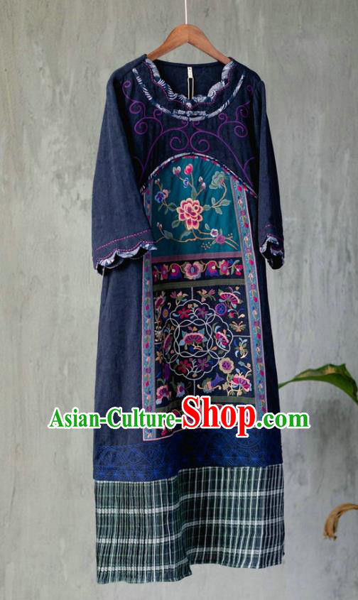 Chinese Retro Embroidered Navy Flax Dress Traditional National Women Cheongsam Clothing