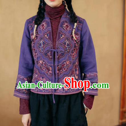China National Embroidered Purple Flax Jacket Traditional Women Outer Garment Tang Suit Costume
