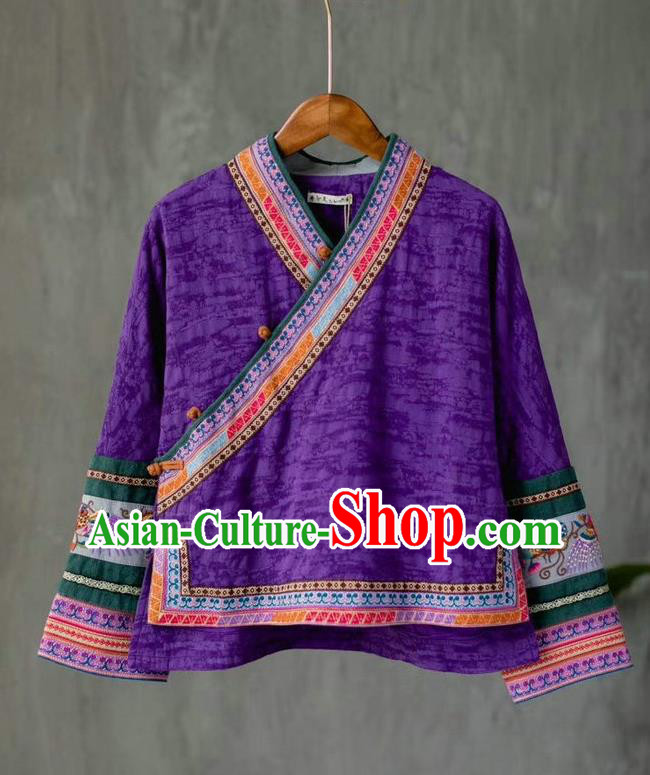 China Tang Suit Purple Flax Blouse Costume Traditional Women Upper Outer Garment National Embroidered Shirt