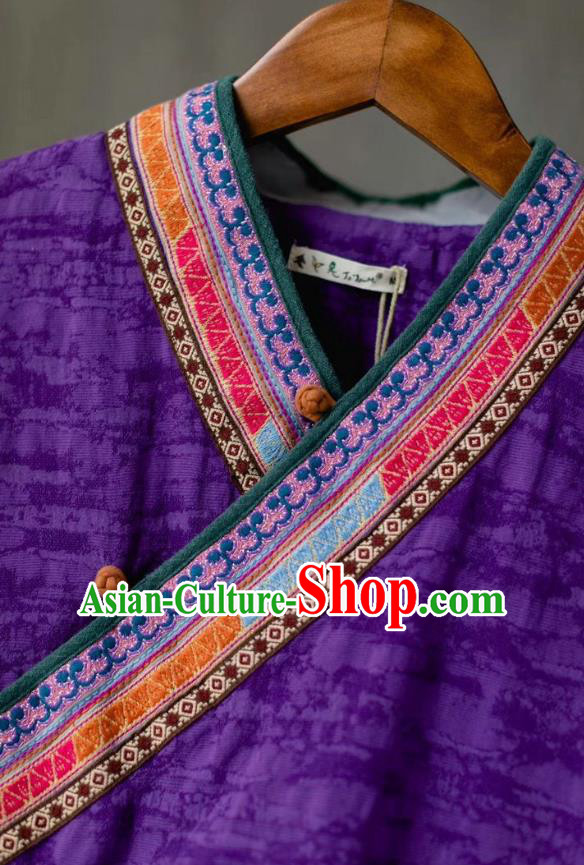 China Tang Suit Purple Flax Blouse Costume Traditional Women Upper Outer Garment National Embroidered Shirt