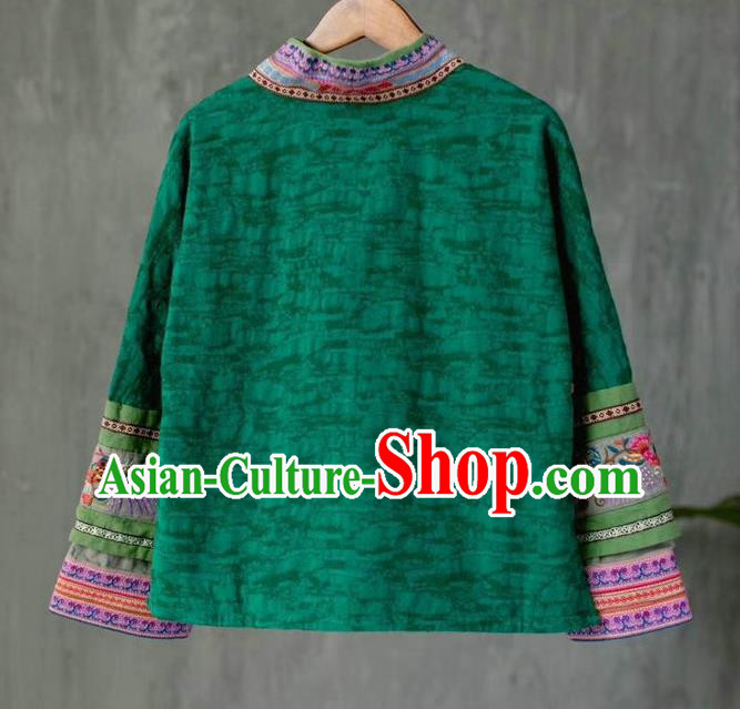 China Traditional Women Upper Outer Garment National Embroidered Shirt Tang Suit Green Flax Blouse Costume