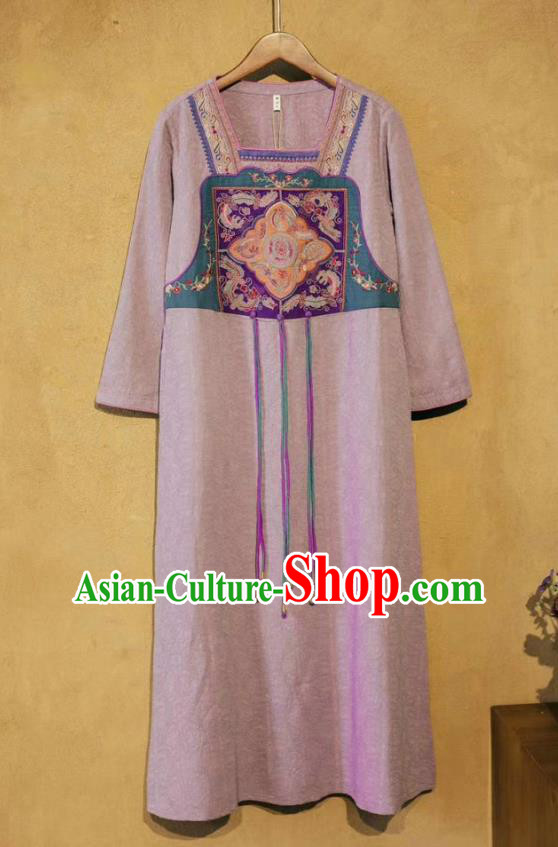 Chinese National Embroidered Lilac Flax Dress Traditional Women Cheongsam Clothing