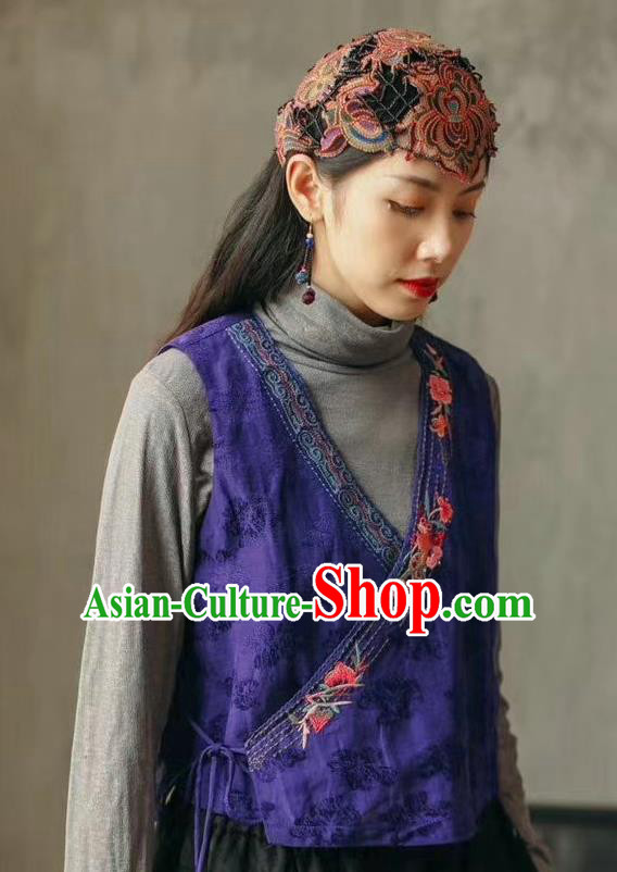 China Traditional Clothing National Women Embroidered Waistcoat Tang Suit Deep Blue Flax Vest